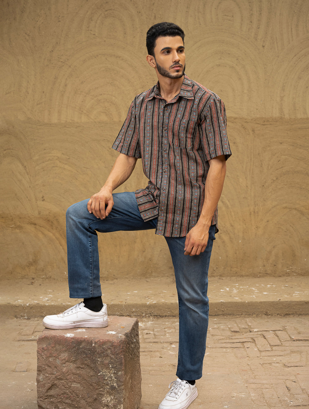 Bagru Hand Block Printed Cotton Shirt - Black Stripes