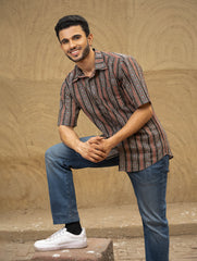 Bagru Hand Block Printed Cotton Shirt - Black Stripes