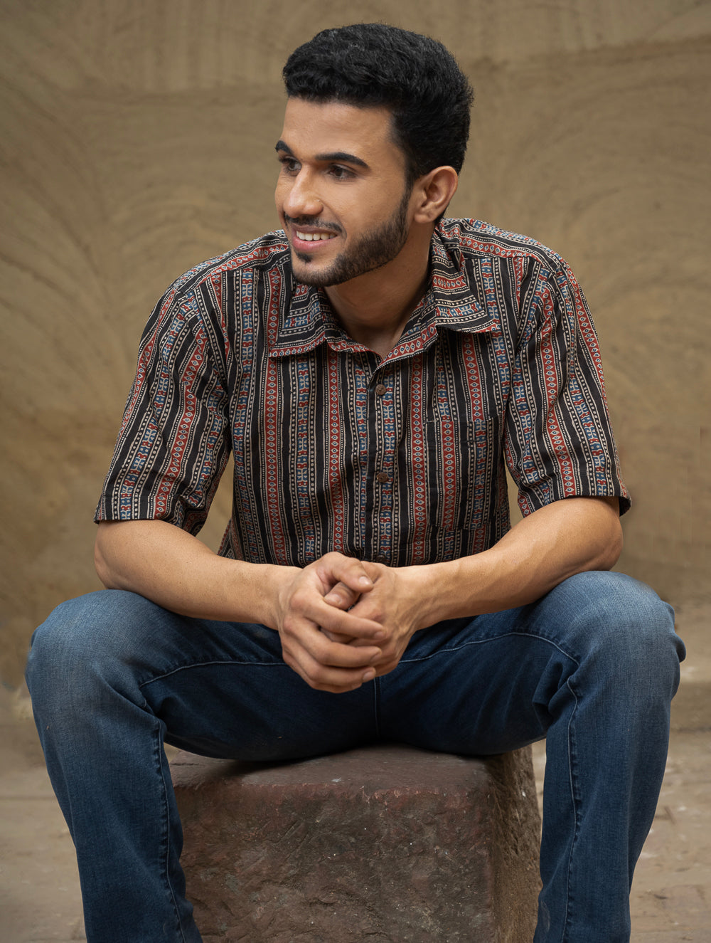 Bagru Hand Block Printed Cotton Shirt - Black Stripes