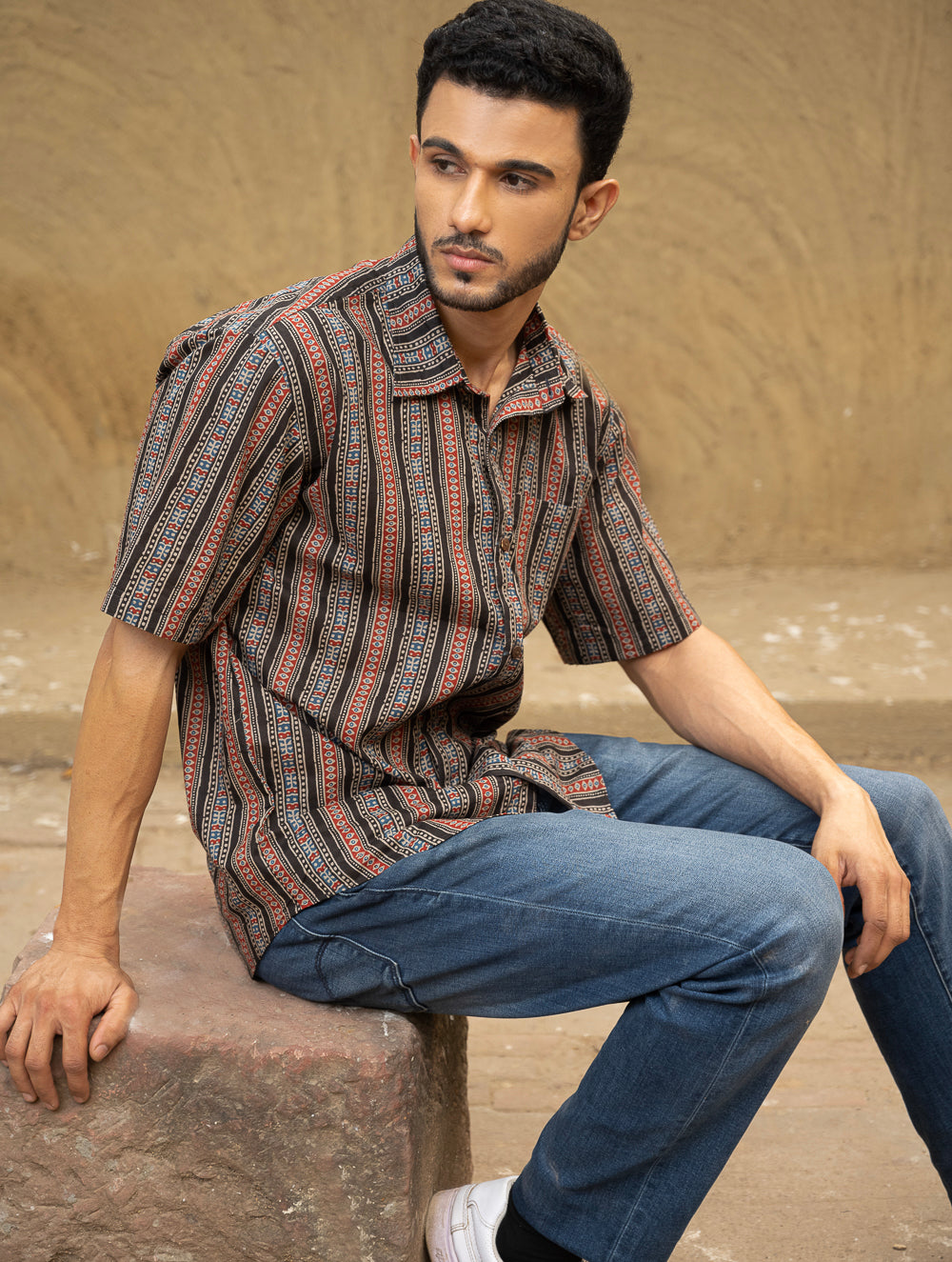Bagru Hand Block Printed Cotton Shirt - Black Stripes