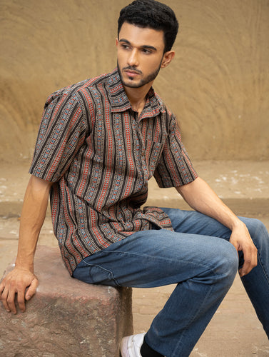 Bagru Hand Block Printed Cotton Shirt - Black Stripes