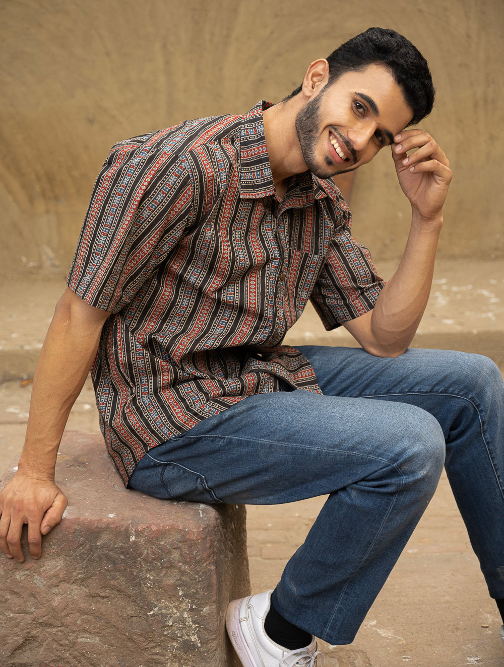 Bagru Hand Block Printed Cotton Shirt - Black Stripes