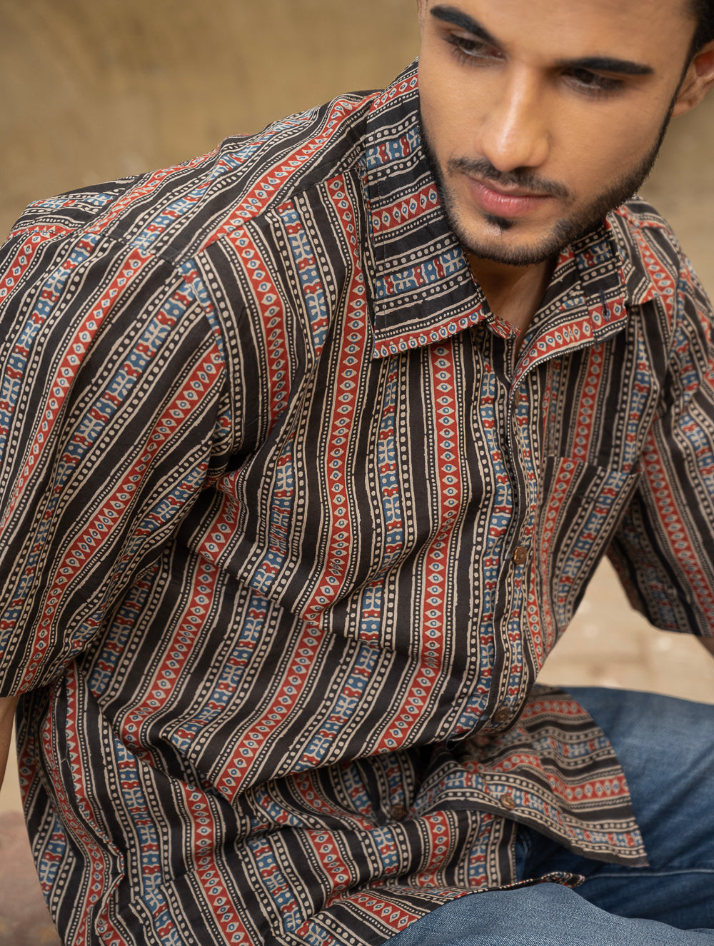 Bagru Hand Block Printed Cotton Shirt - Black Stripes
