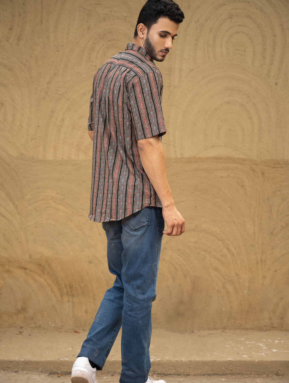 Bagru Hand Block Printed Cotton Shirt - Black Stripes
