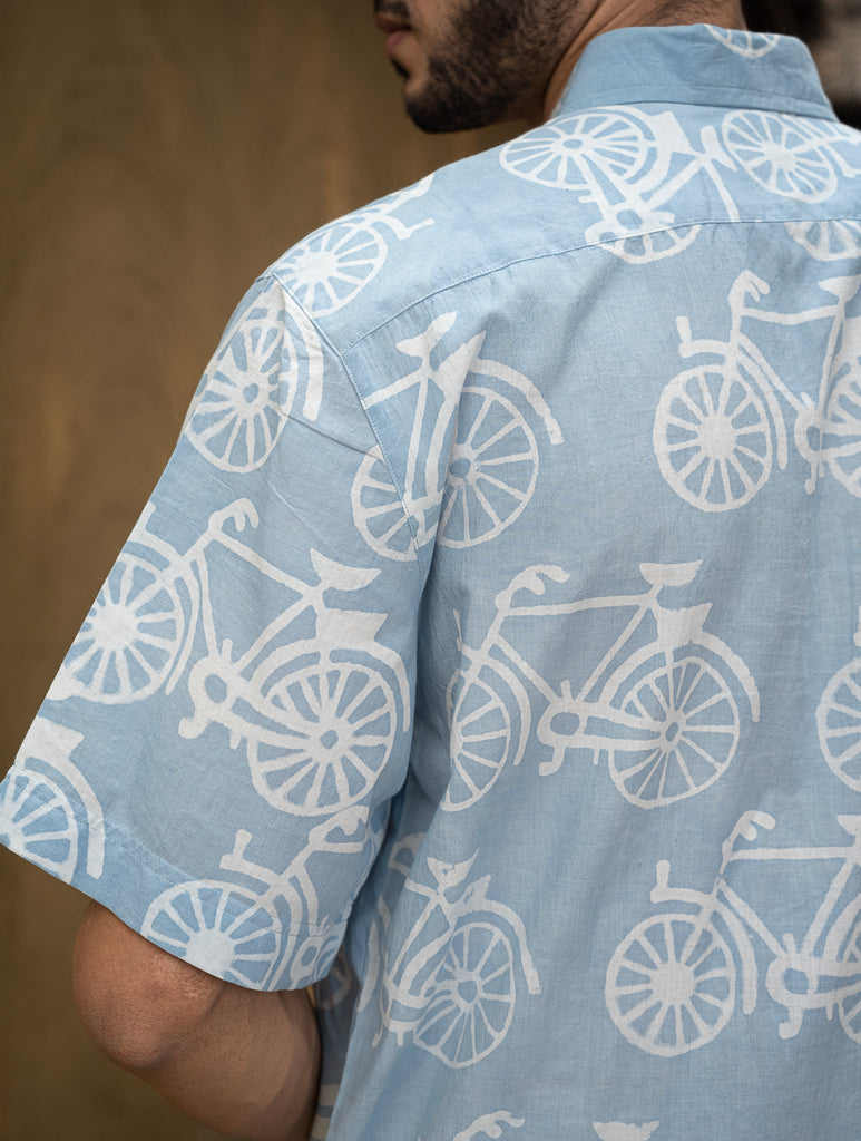 Dabu Hand Block Printed Cotton Shirt - Blue Cycle