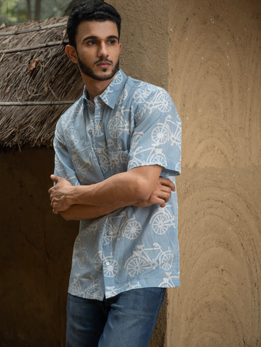 Dabu Hand Block Printed Cotton Shirt - Blue Cycle