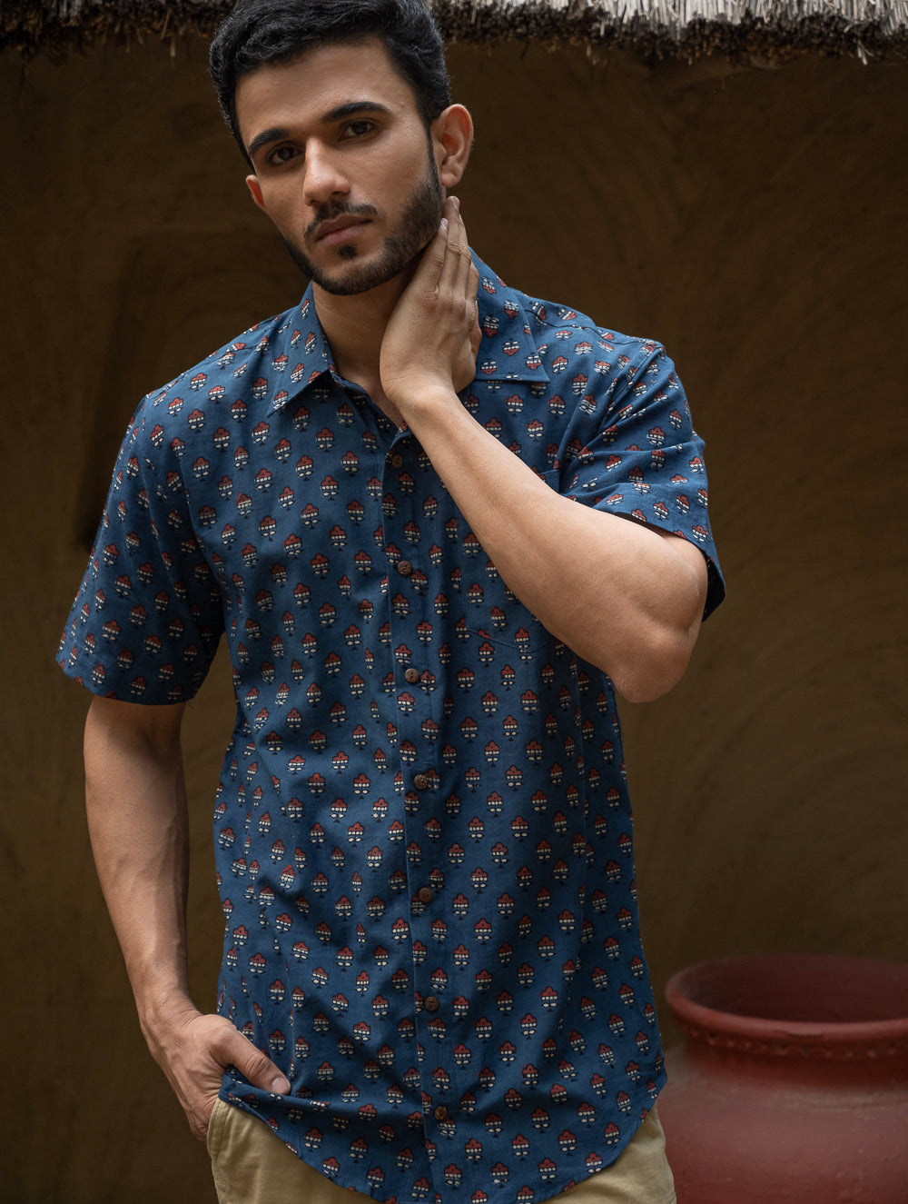Load image into Gallery viewer, Bagru Hand Block Printed Cotton Shirt - Blue Tree