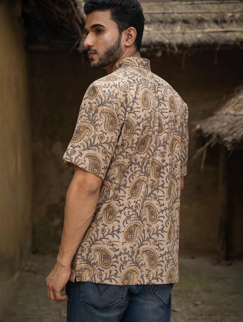 Bagru Hand Block Printed Cotton Shirt - Brown Paisley