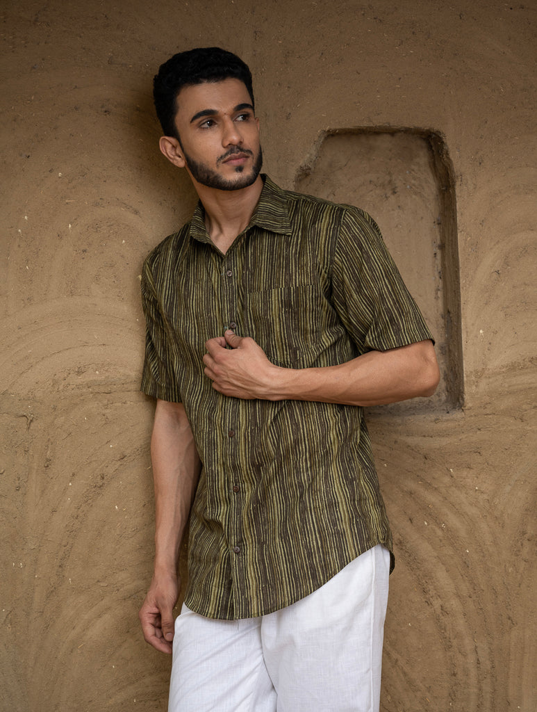 Bagru Hand Block Printed Cotton Shirt - Brown Stripes