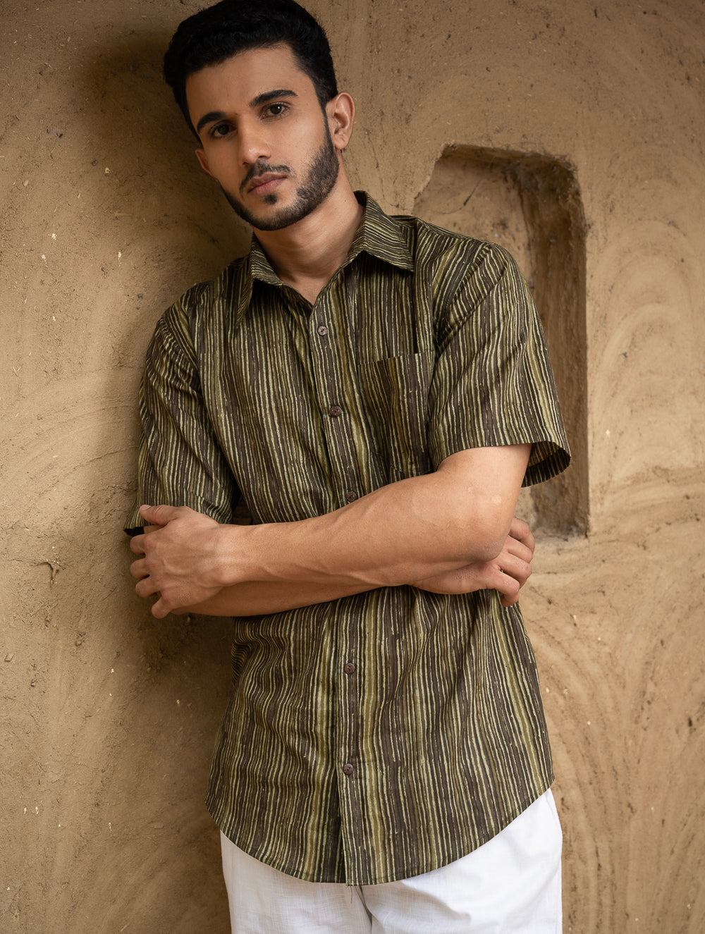Load image into Gallery viewer, Bagru Hand Block Printed Cotton Shirt - Brown Stripes