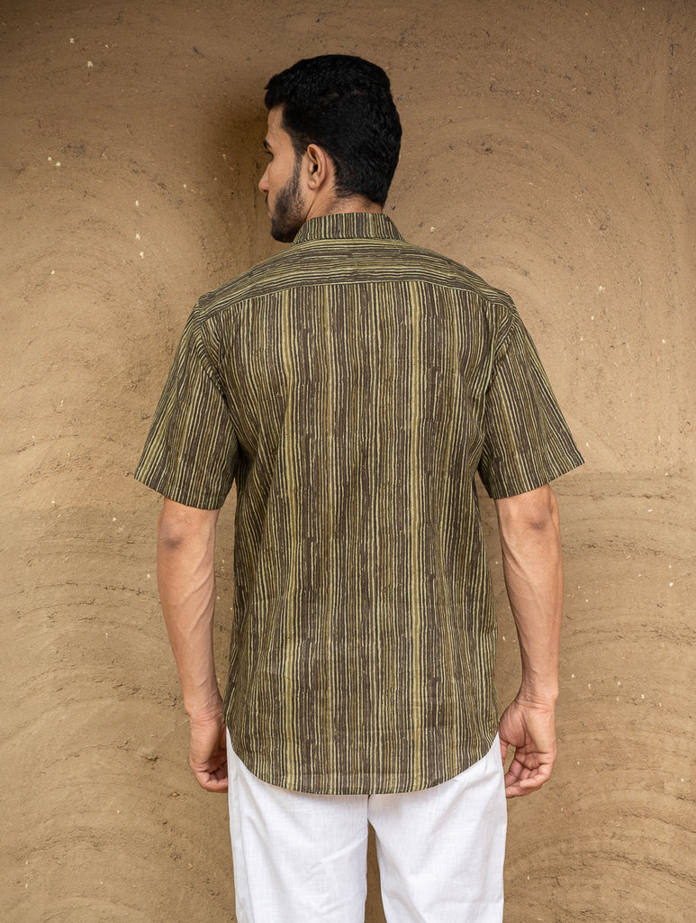 Bagru Hand Block Printed Cotton Shirt - Brown Stripes