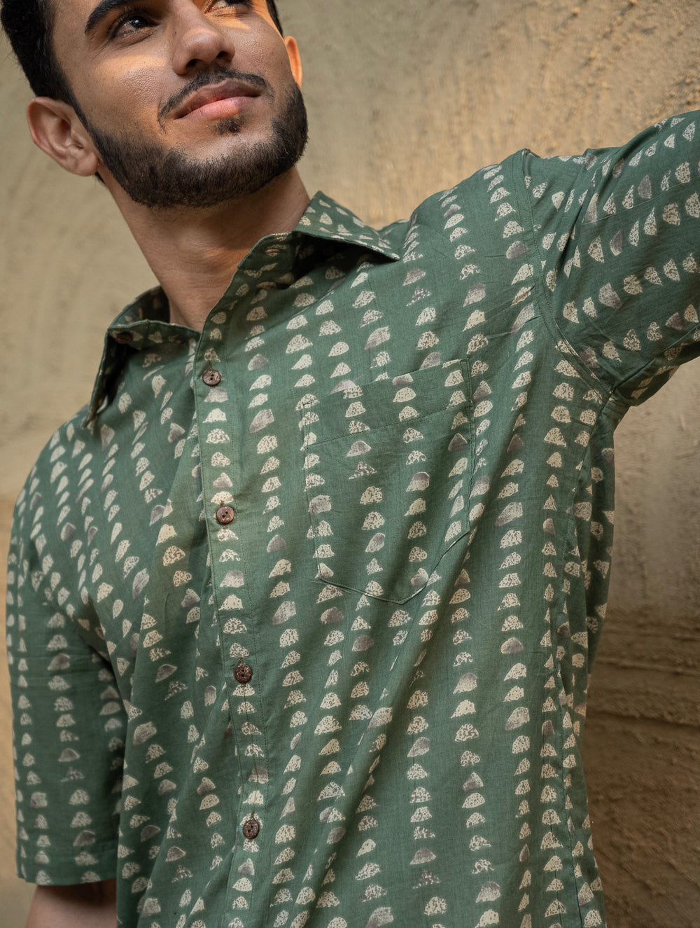 Load image into Gallery viewer, Bagru Hand Block Printed Cotton Shirt - Green Abstract