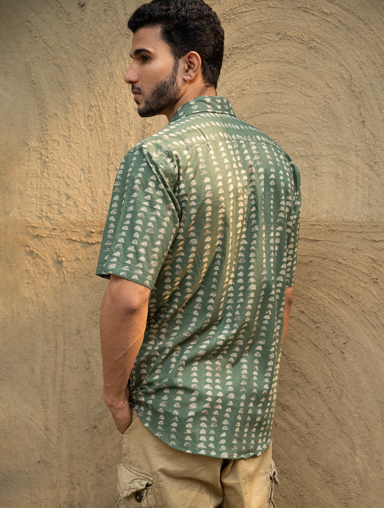 Bagru Hand Block Printed Cotton Shirt - Green Abstract
