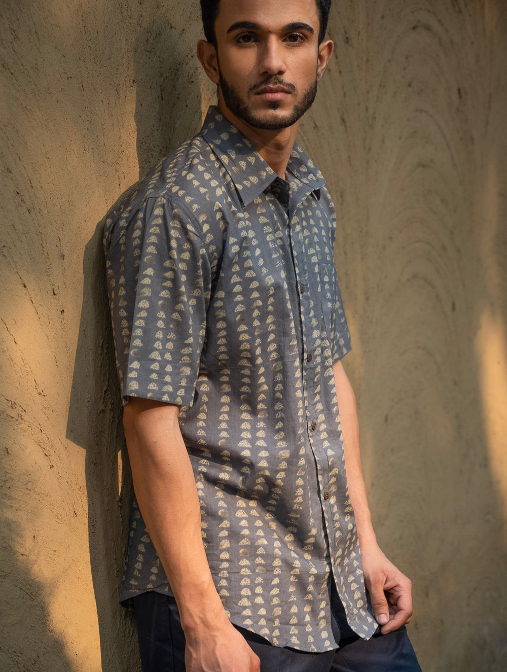 Load image into Gallery viewer, Bagru Hand Block Printed Cotton Shirt - Grey Abstract