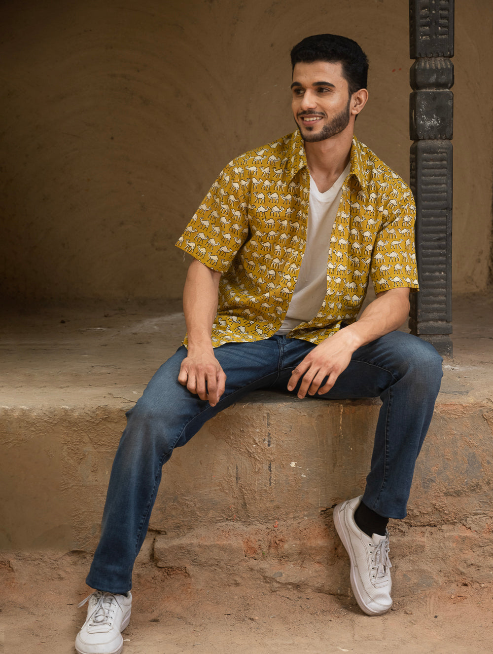 Bagru Hand Block Printed Cotton Shirt - Mustard Camels