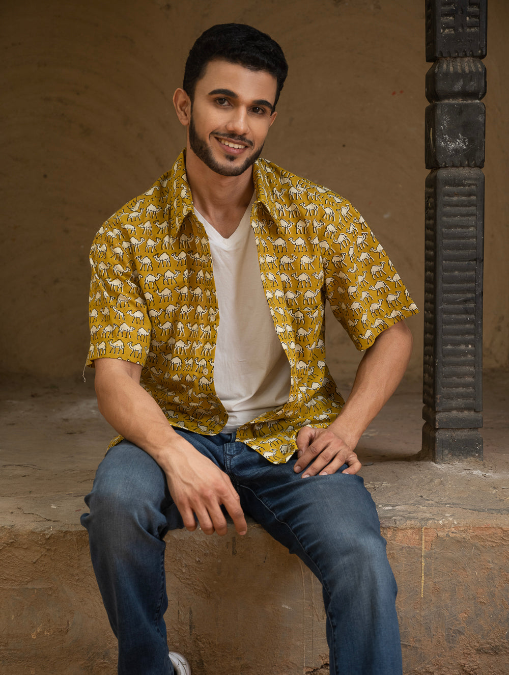 Bagru Hand Block Printed Cotton Shirt - Mustard Camels