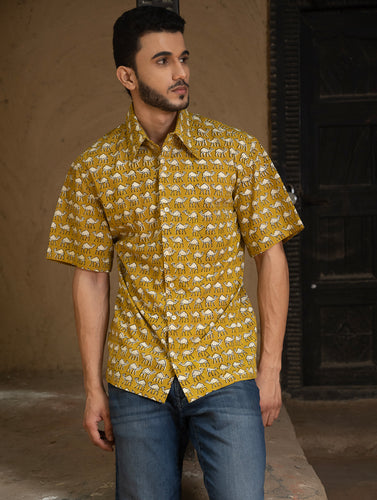Bagru Hand Block Printed Cotton Shirt - Mustard Camels