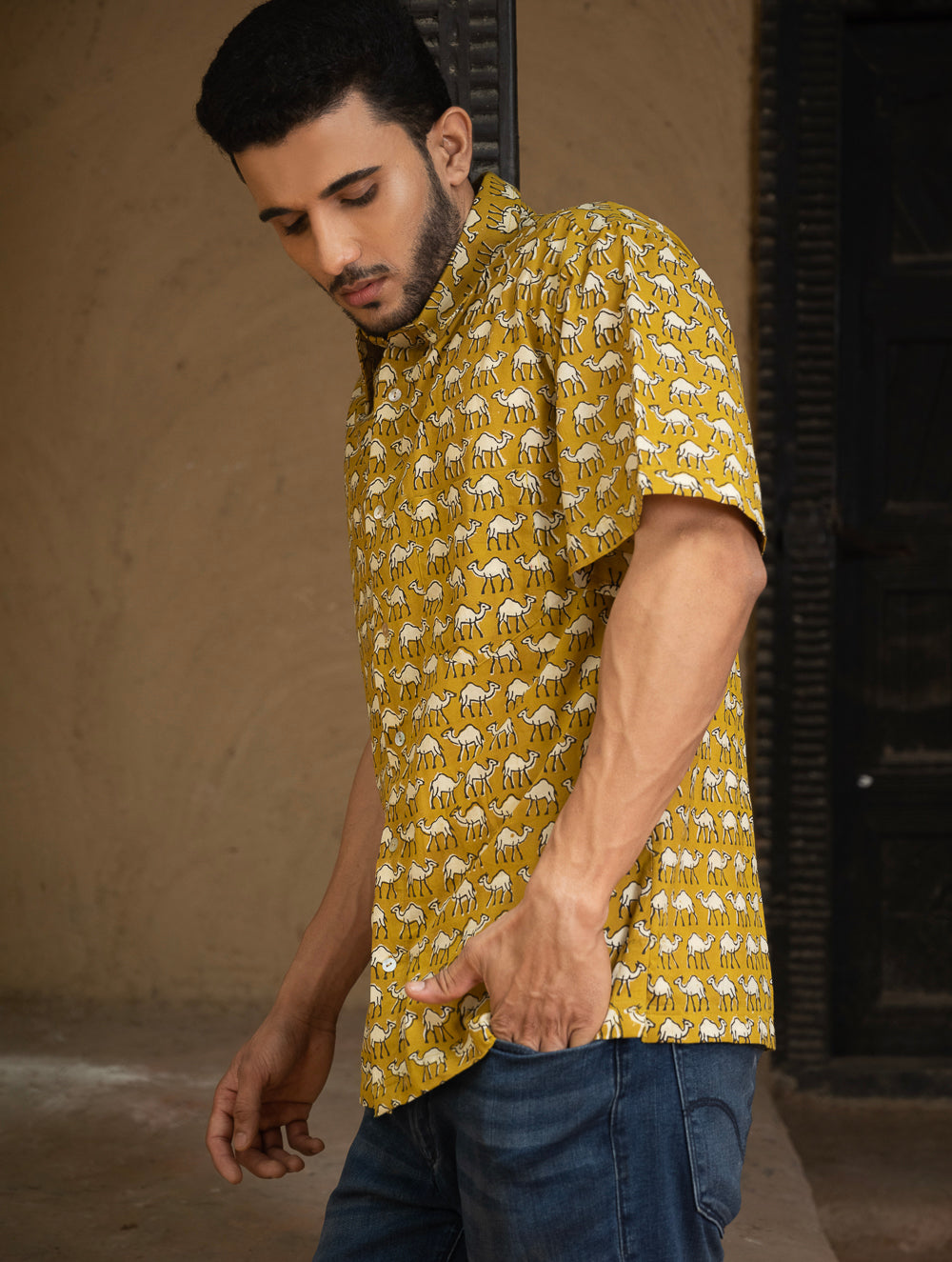 Load image into Gallery viewer, Bagru Hand Block Printed Cotton Shirt - Mustard Camels