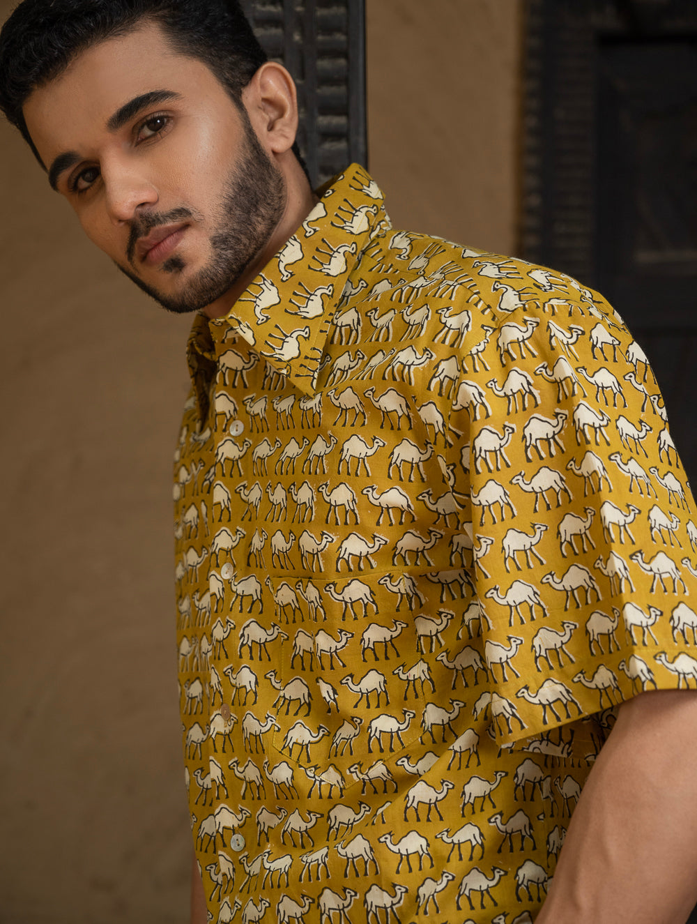 Bagru Hand Block Printed Cotton Shirt - Mustard Camels