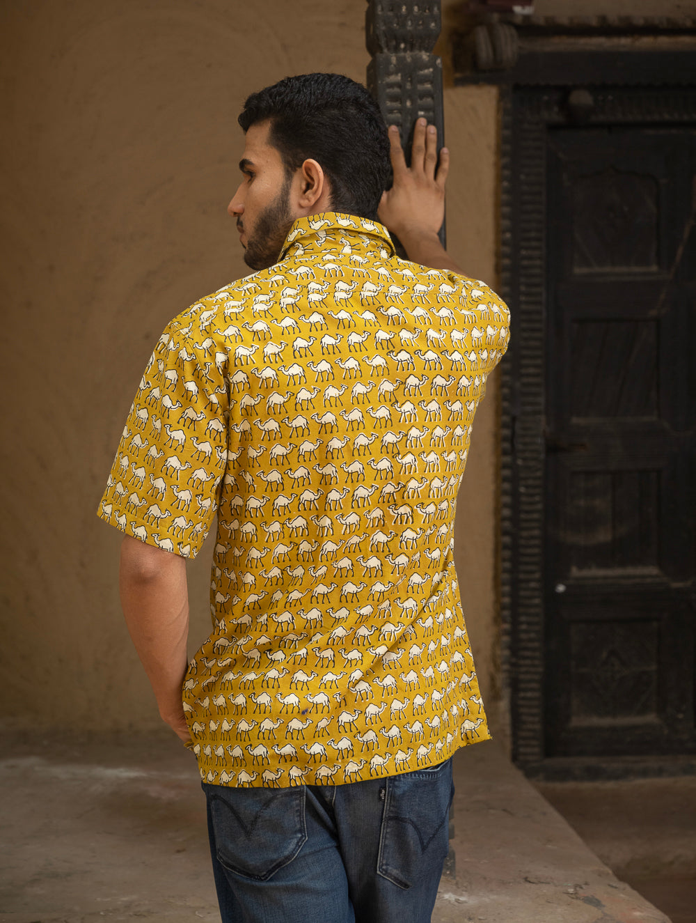 Bagru Hand Block Printed Cotton Shirt - Mustard Camels