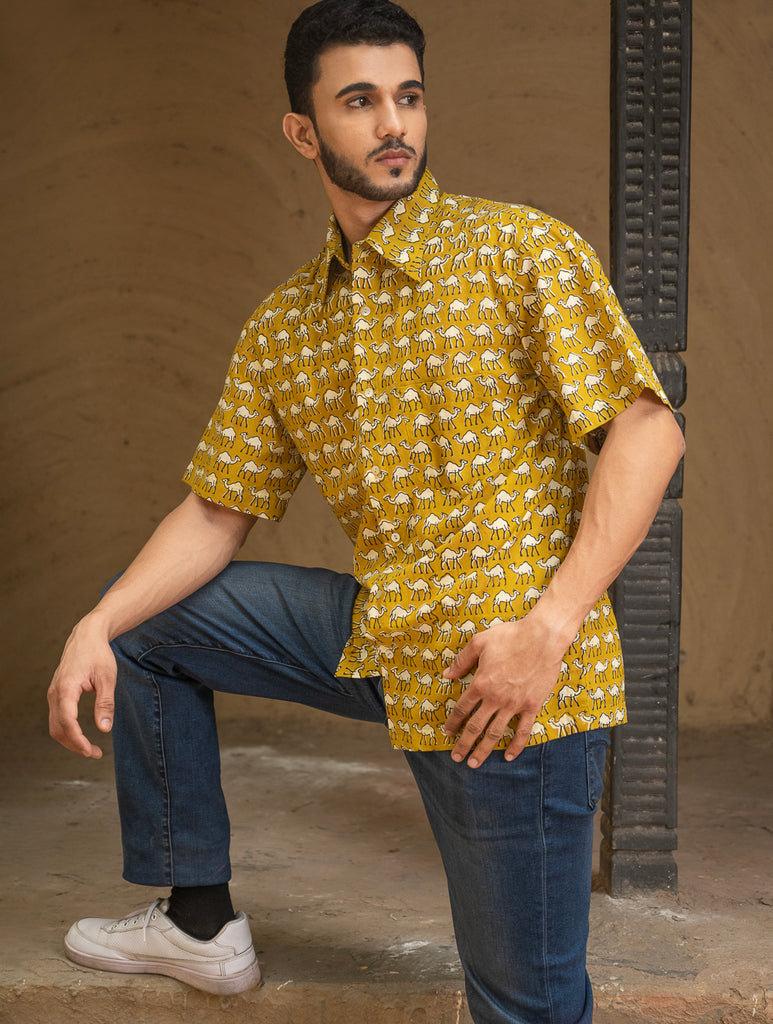 Bagru Hand Block Printed Cotton Shirt - Mustard Camels