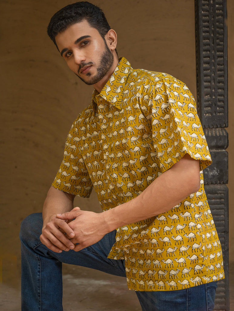 Bagru Hand Block Printed Cotton Shirt - Mustard Camels