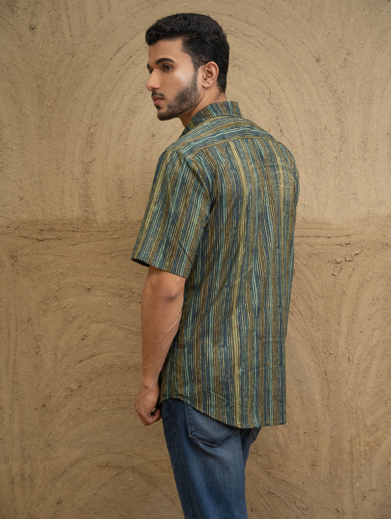 Bagru Hand Block Printed Cotton Shirt - Olive Stripes