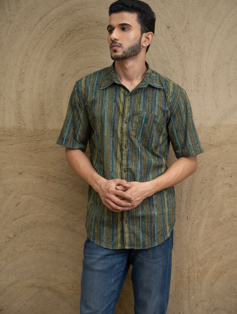 Bagru Hand Block Printed Cotton Shirt - Olive Stripes