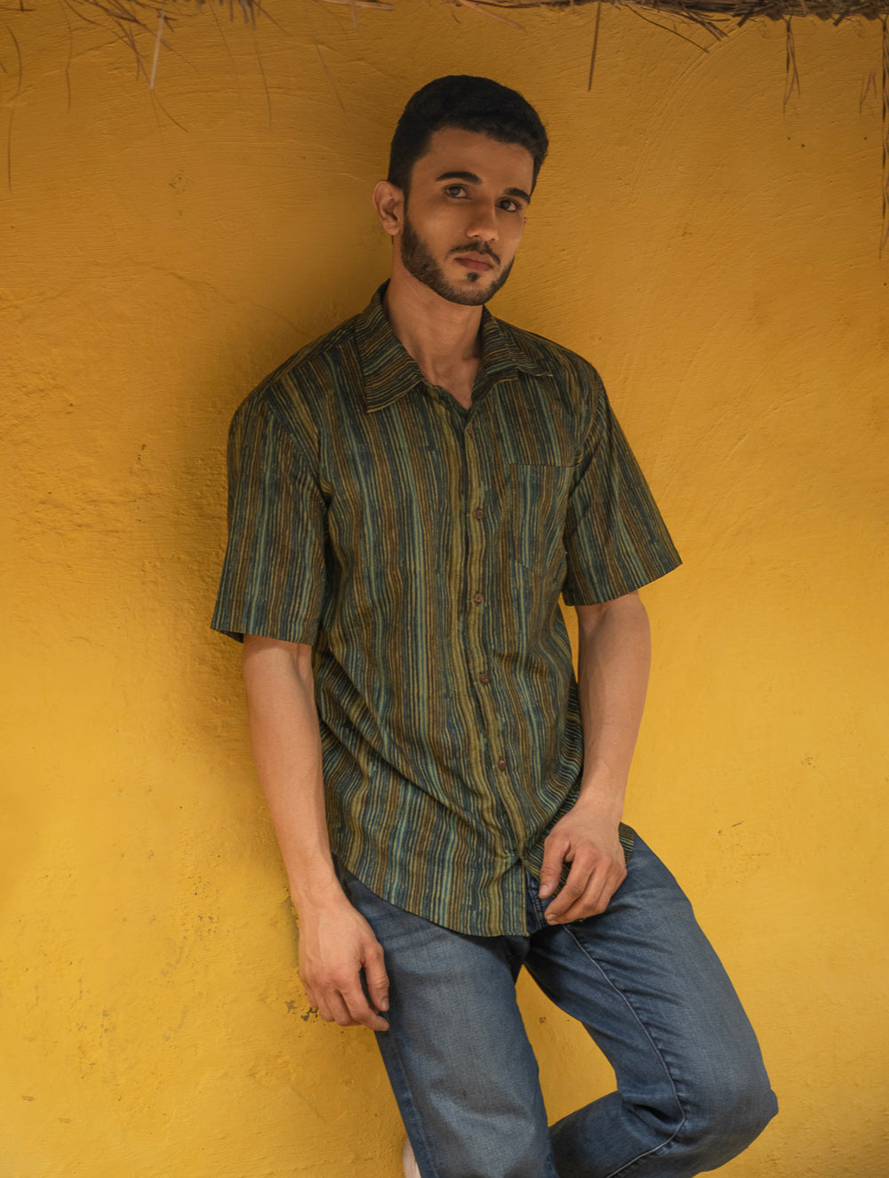 Load image into Gallery viewer, Bagru Hand Block Printed Cotton Shirt - Olive Stripes