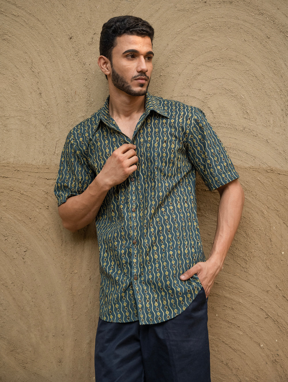 Load image into Gallery viewer, Bagru Hand Block Printed Cotton Shirt - Peacock Stripes