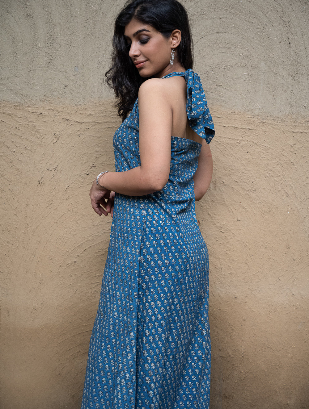 Bagru Hand Block Printed Halter Dress - Blue Florets