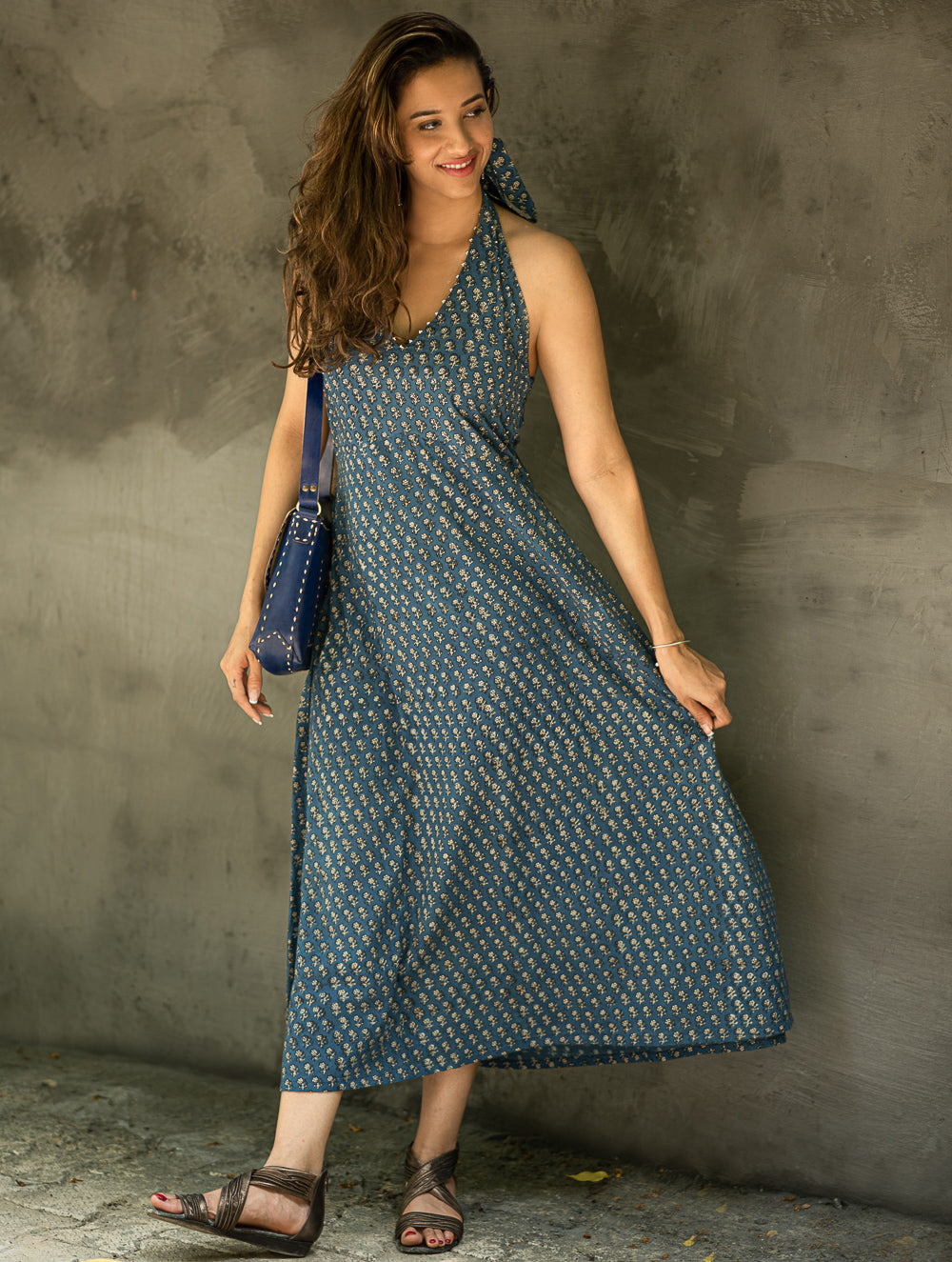 Bagru Hand Block Printed Halter Dress - Blue Florets