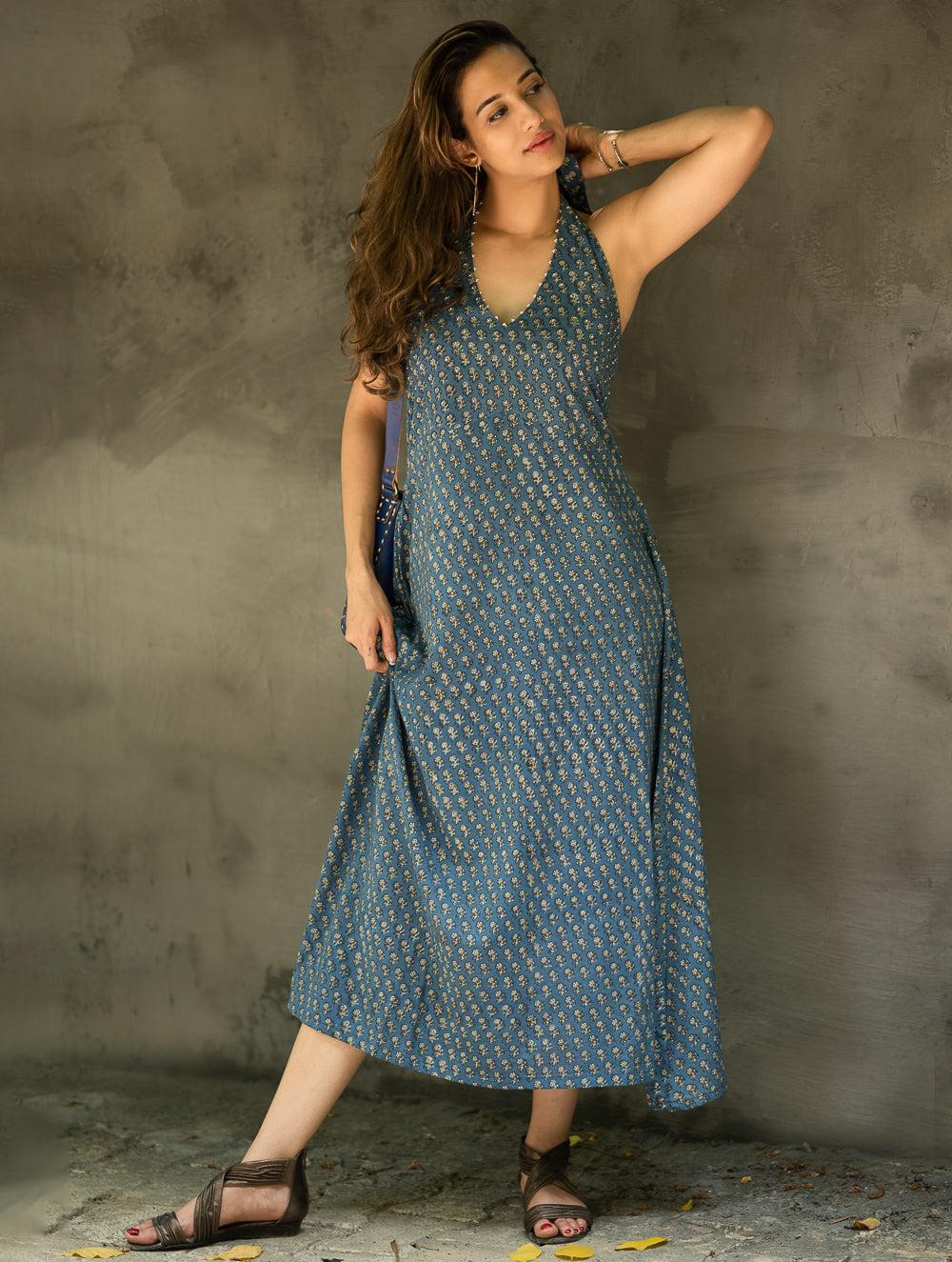 Bagru Hand Block Printed Halter Dress - Blue Florets
