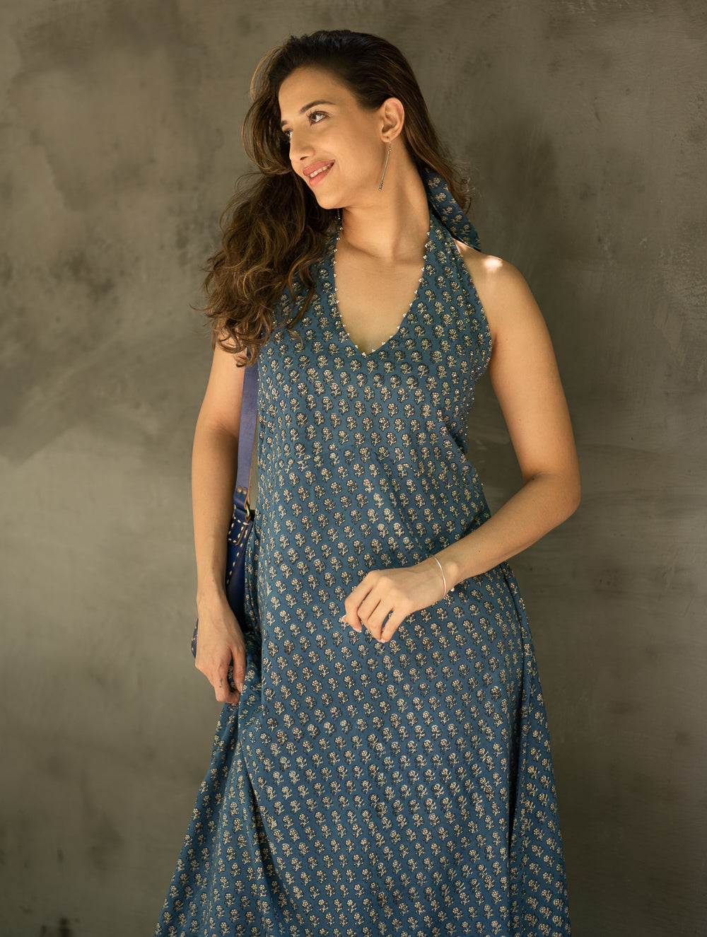 Bagru Hand Block Printed Halter Dress - Blue Florets