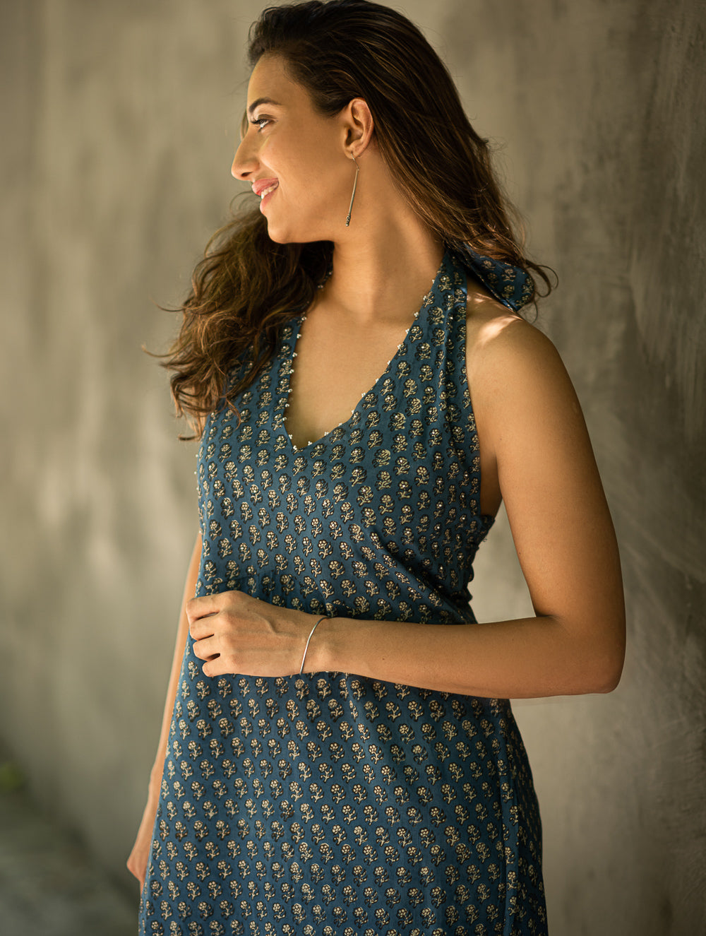 Bagru Hand Block Printed Halter Dress - Blue Florets