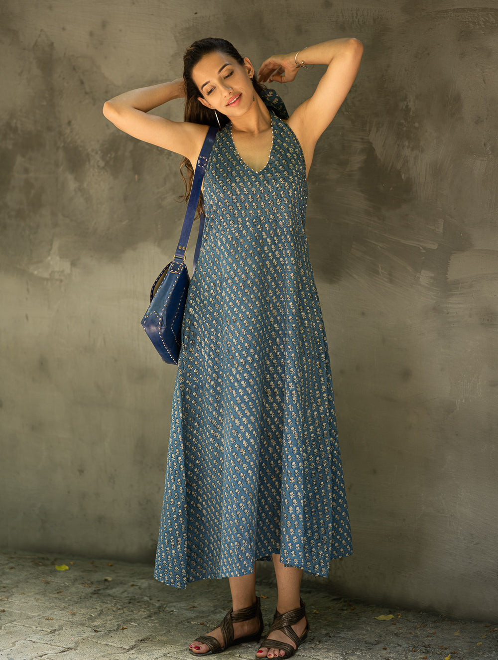 Bagru Hand Block Printed Halter Dress - Blue Florets
