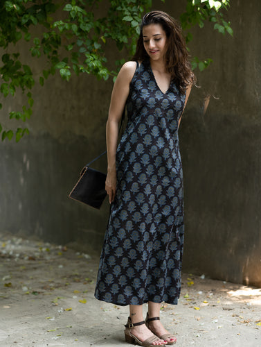 Bagru Hand Block Printed Halter Dress - Blue Flowers