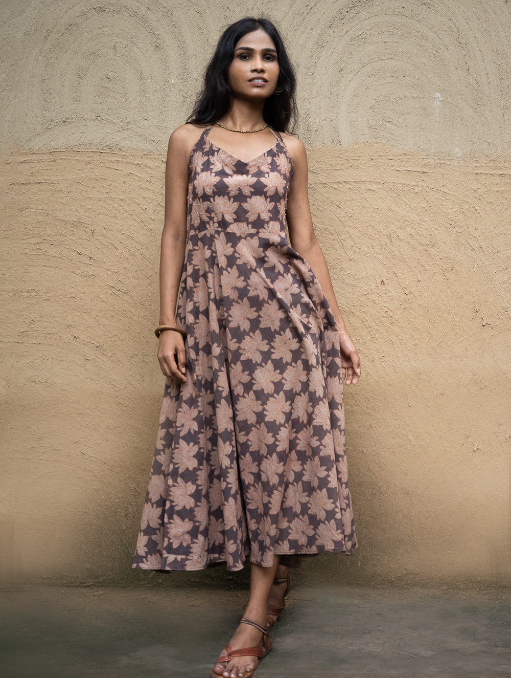 Bagru Hand Block Printed Halter Dress - Brown Lotus