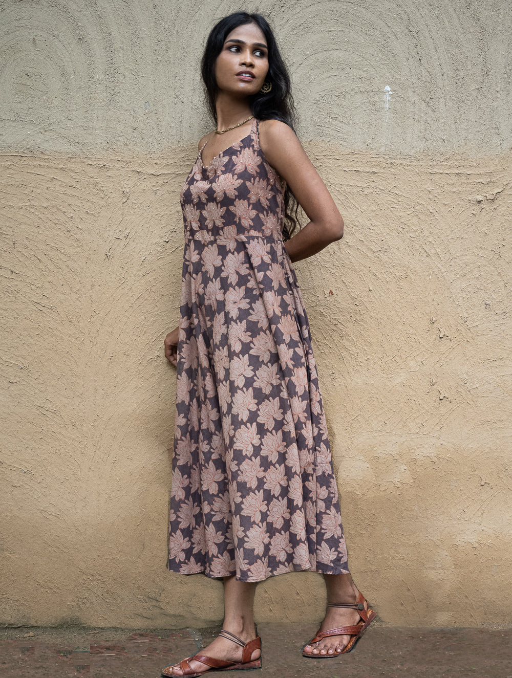 Bagru Hand Block Printed Halter Dress - Brown Lotus