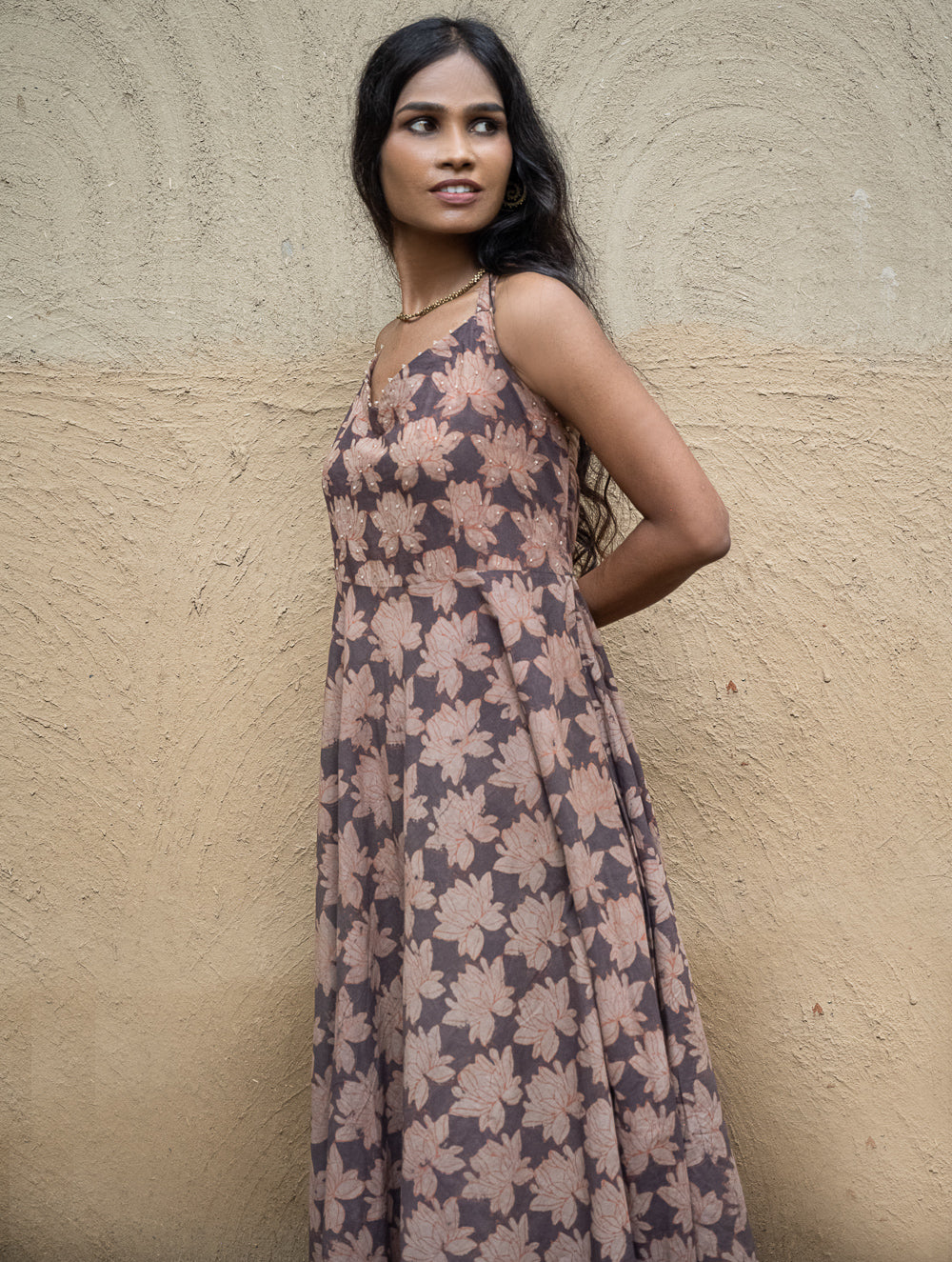 Bagru Hand Block Printed Halter Dress - Brown Lotus