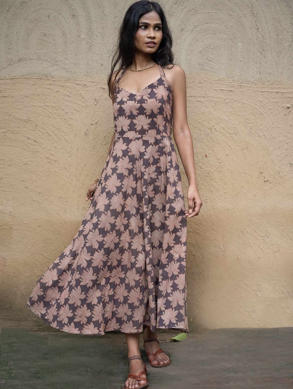 Bagru Hand Block Printed Halter Dress - Brown Lotus