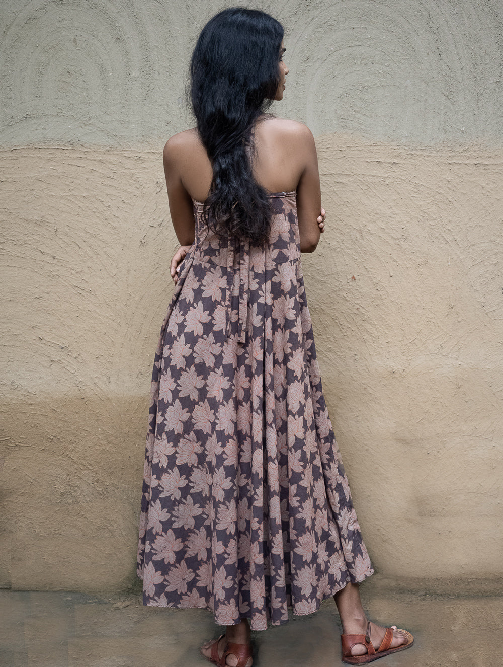 Bagru Hand Block Printed Halter Dress - Brown Lotus