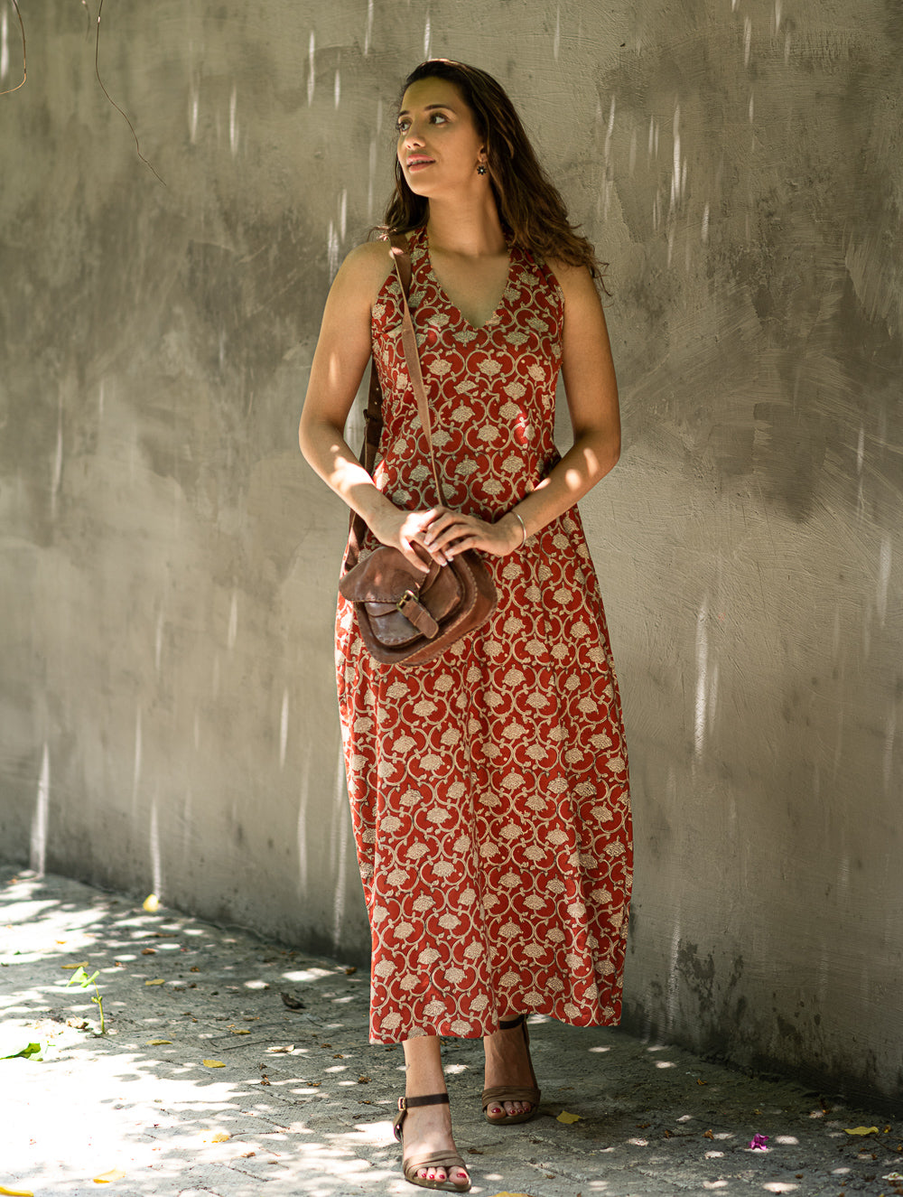 Bagru Hand Block Printed Halter Dress - Rust Oriental