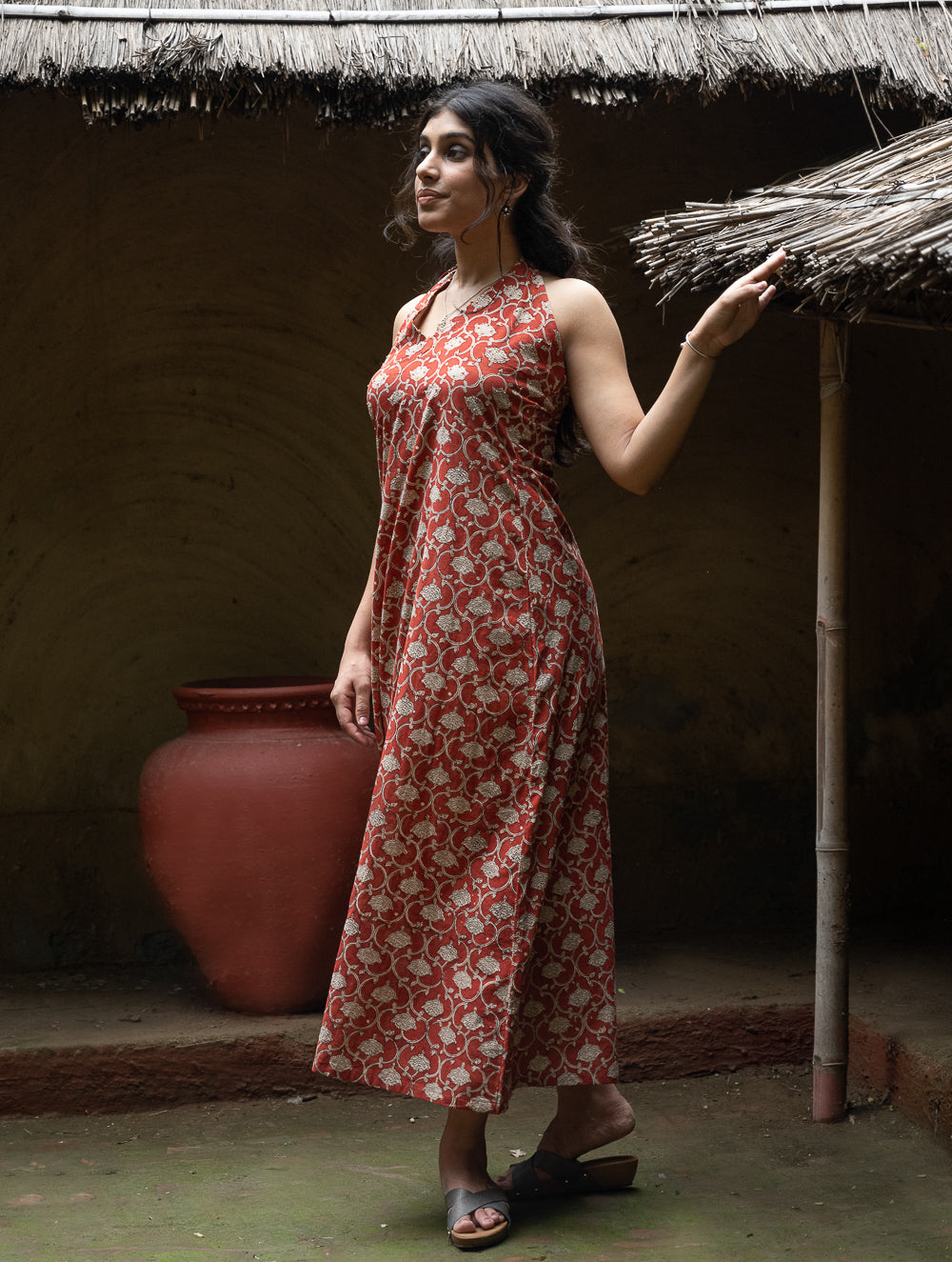 Bagru Hand Block Printed Halter Dress - Rust Oriental