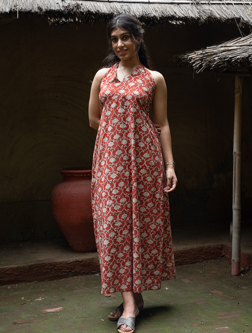 Bagru Hand Block Printed Halter Dress - Rust Oriental