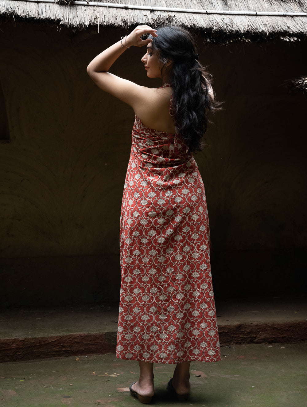 Bagru Hand Block Printed Halter Dress - Rust Oriental