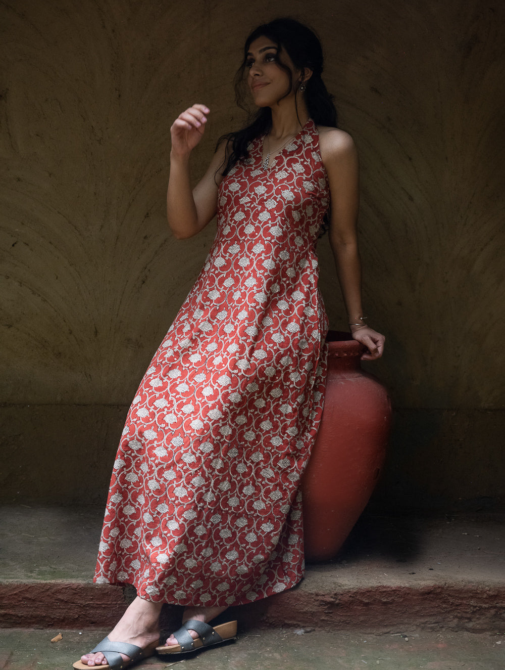 Bagru Hand Block Printed Halter Dress - Rust Oriental