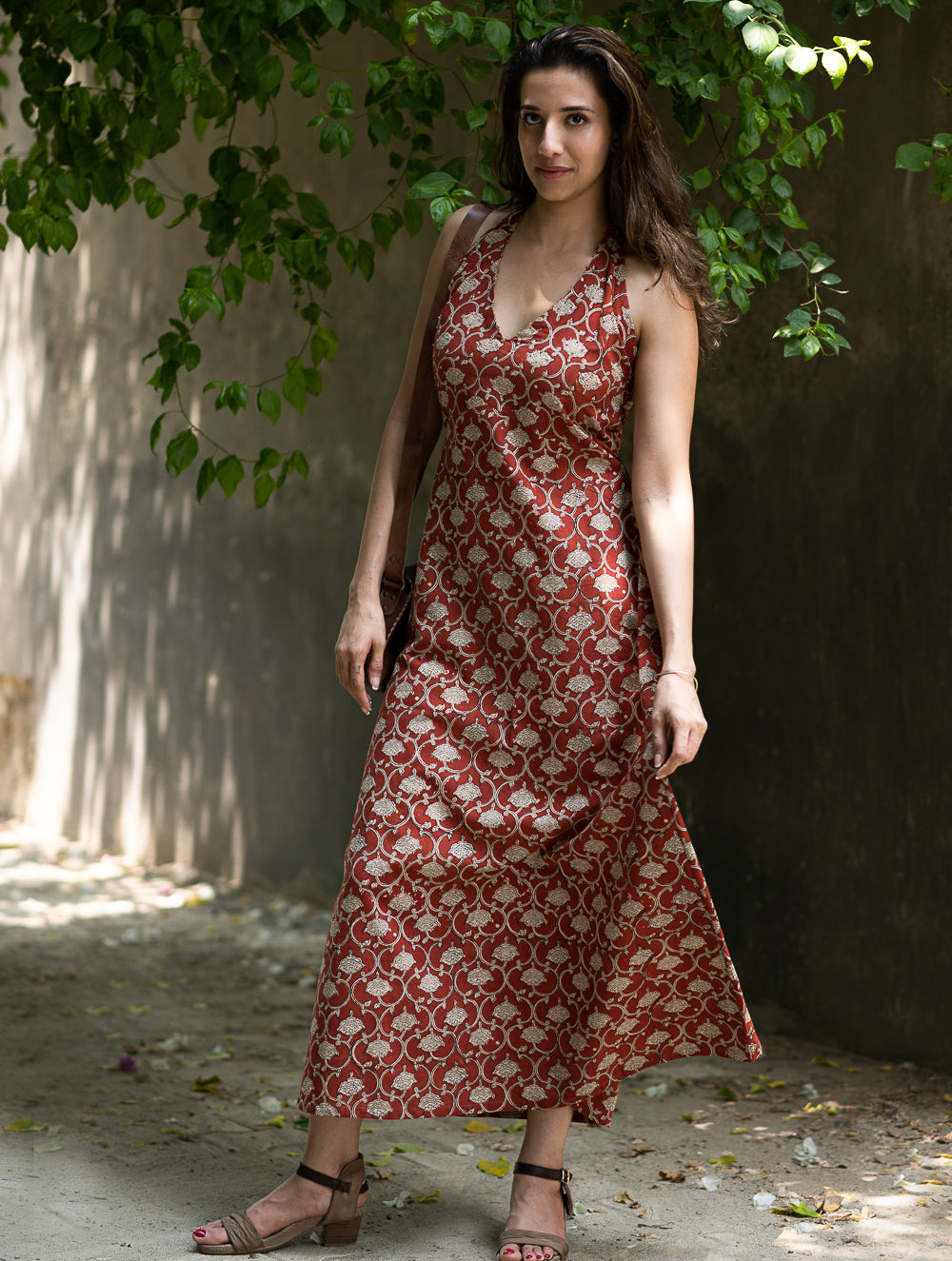 Bagru Hand Block Printed Halter Dress - Rust Oriental