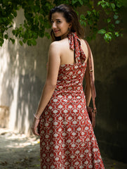 Bagru Hand Block Printed Halter Dress - Rust Oriental