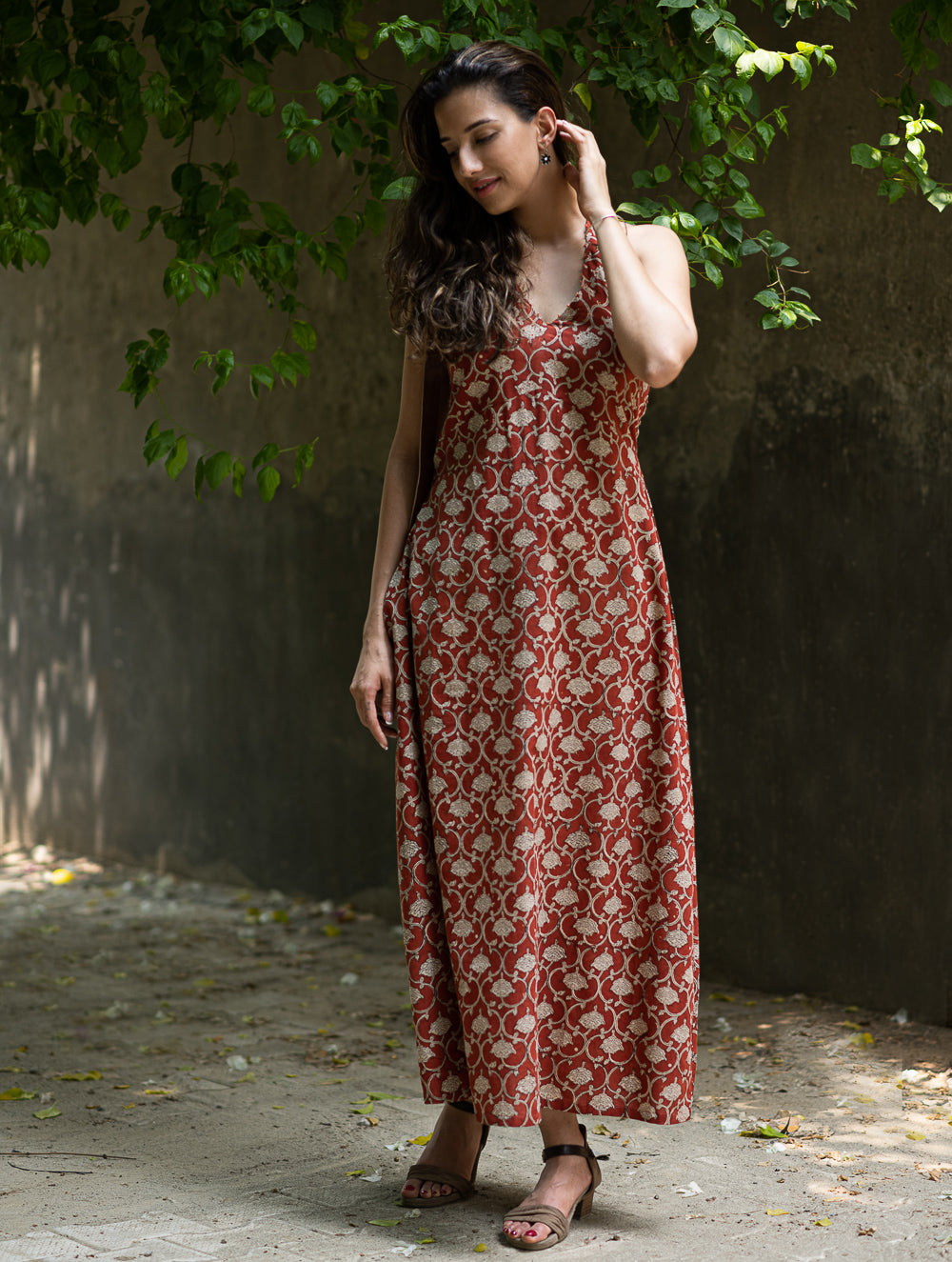 Bagru Hand Block Printed Halter Dress - Rust Oriental
